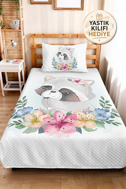 Evimde Bambaşka Floral Raccoon Pink Girls' Pique Set-Pastel Watercolor Blue B...