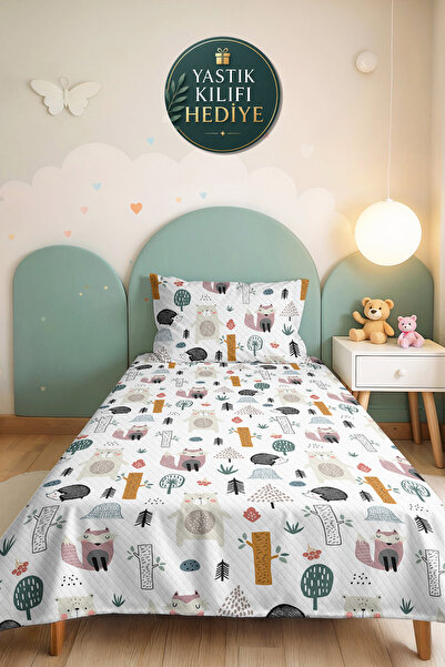 Evimde Bambaşka Forest Animals Pastel Children's Room Single Pique Set-Nordic...