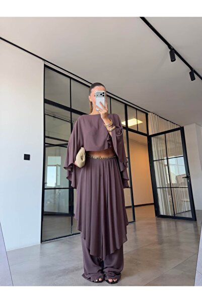 BB Bensu Buyruk Skirt, Detailled Pants, Cape, Blush Set, Brown
