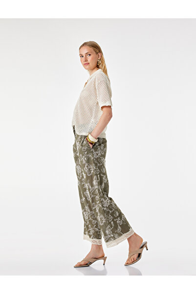 Koton Cotton Pocketed Embroidered Lace Detailed Short Straight Leg Culotte Tr...