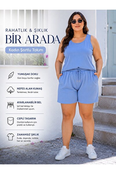 ASSO Plus Size Women's Shorts Suit with Straps Summer Pocketed Elastic Comfor...