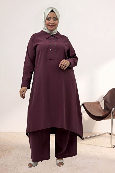 Eslina 67055 Plus Size Snap Fastener Cupra Pants Set - Burgundy