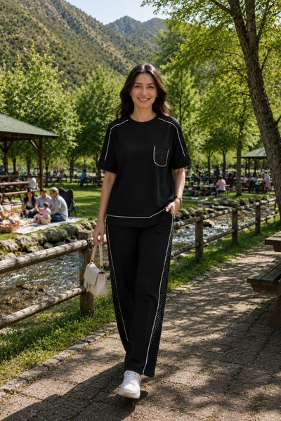 yb yağmur butik Shoulder and Pocket Stone Detailed Ribbed Tracksuit Set