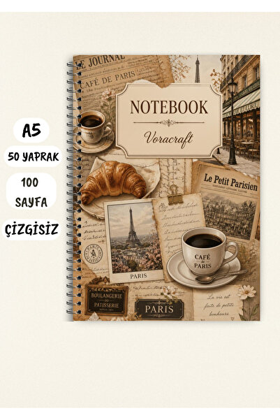 VORACRAFT Paris Temalı Not Defteri 50 Yaprak /100 Sayfa, A5 / Tel Spiral CZGS...