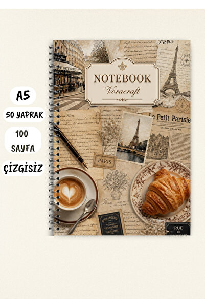 VORACRAFT Paris Kruvasan Temalı Not Defteri 50 Yaprak /100 Sayfa, A5 / Tel Sp...
