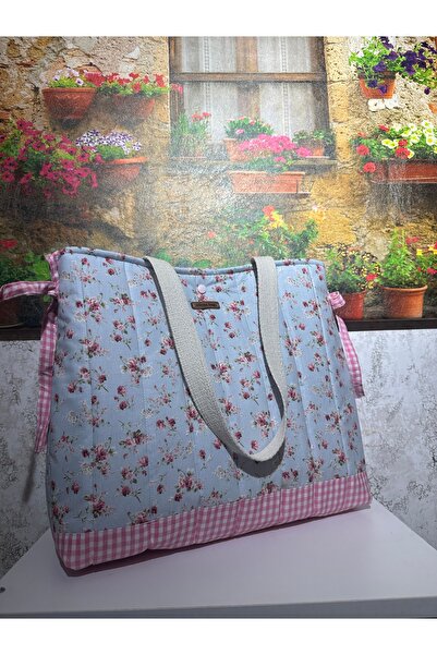 Elisss Design Light Blue Picnic Bag, Baby Bag, Beach Bag, Lunchbag, Floral Pa...