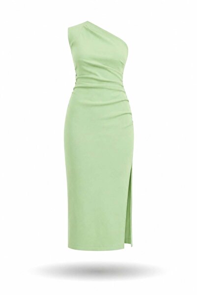 5in1Canpolat Rochie verde drapată cu un singur umăr 12325