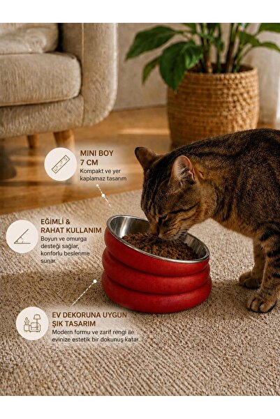 Basart Eğimli Paslanmaz Çelik Kedi Mama Kabı 7 cm Yüksek Standlı Mama ve Su K...