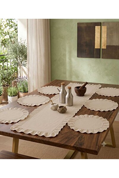 Luxoras Home Keten Fırfırlı Runner 6'lı Supla Amerikan Servis Seti - 7 Parça ...