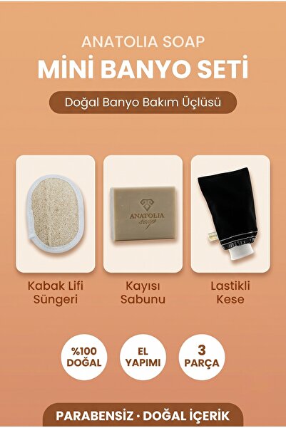 Anatolia Soap Mini Banyo Seti - Kabak Lifi Süngeri + Lastikli Kese + Kayısı S...