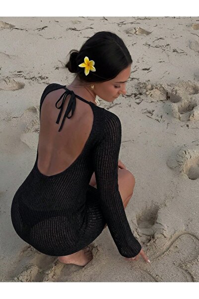 POİNE Women's Backless Lace-Up Spanish Sleeve Openwork Knitwear Mini Beach Dress