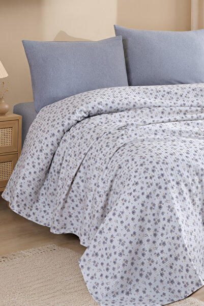 Enlora Home Desenli Pike Seti Çift Kişilik Mini Çiçek Gri (Pike+Yastık Kılıfı)