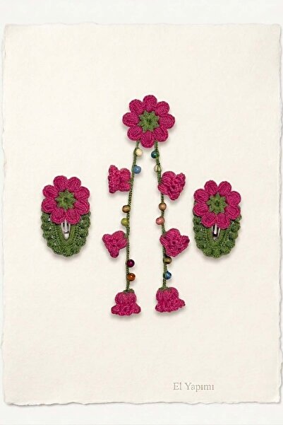 GRI MOR TEKSTIL Hand-Knitted 3-Piece Tulip Patterned Bow and Clasp