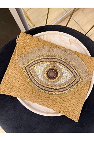 Liora Luxe Kadın Hasır Nazar Göz İşlemeli Yazlık Clutch El Çantası