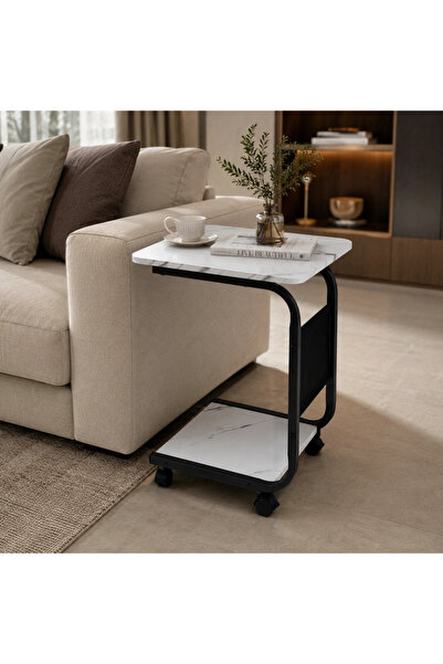 Mily Modern side coffee table with wheels (with fabric pocket)