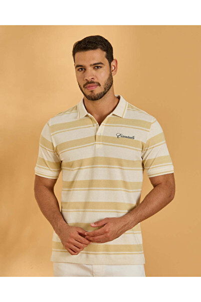 REDTAG Men Beige And Ivory Stripe Polo T-Shirt