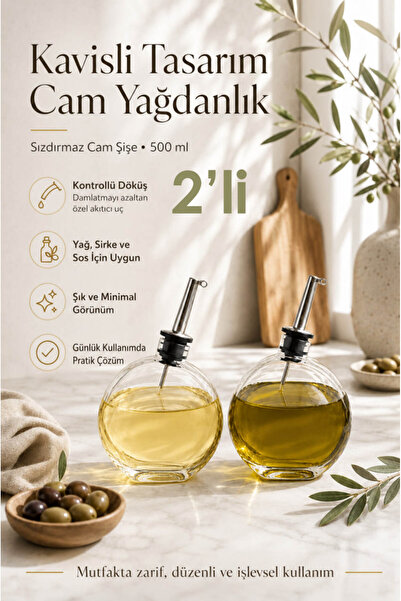Anadolu Saray 2 Pieces Curved Glass Oil Pot 500 ml with Gold/Silver Head, Oil...