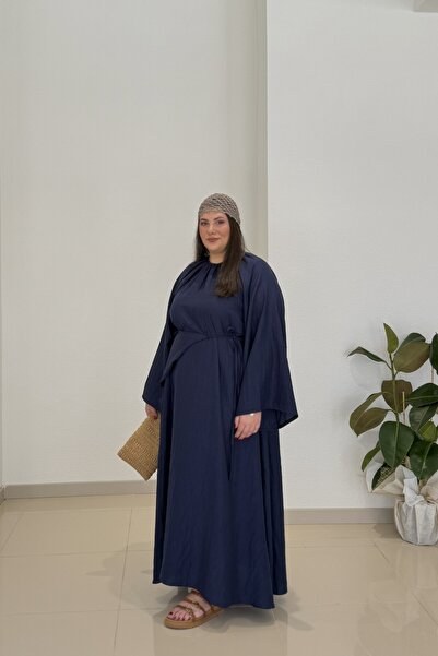 CHUL Standard Plus Size Women's Dress with Stried Belt - Navy Blue