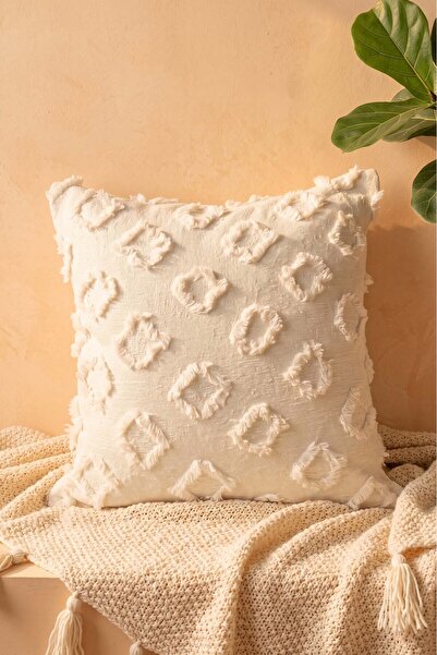 Rivaİstanbul Cream Diamond Patterned Embossed Textured Decorative Throw Pillo...