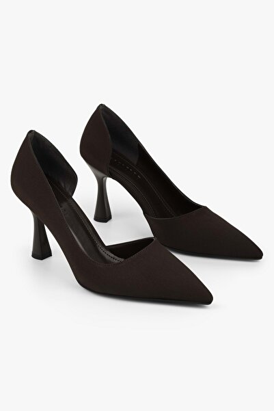 Shoeberry Women's Lucas Brown Satin Asymmetrical Cut Heeled Shoes Stiletto