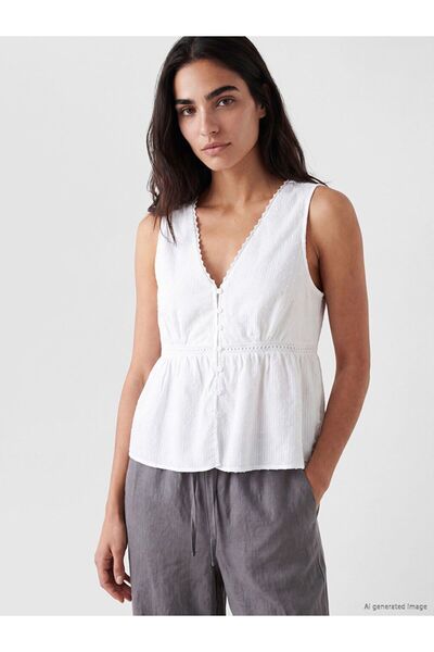 LC Waikiki Lcw Vision Ecru V-Neck Lace Detailed Peplum Blouse
