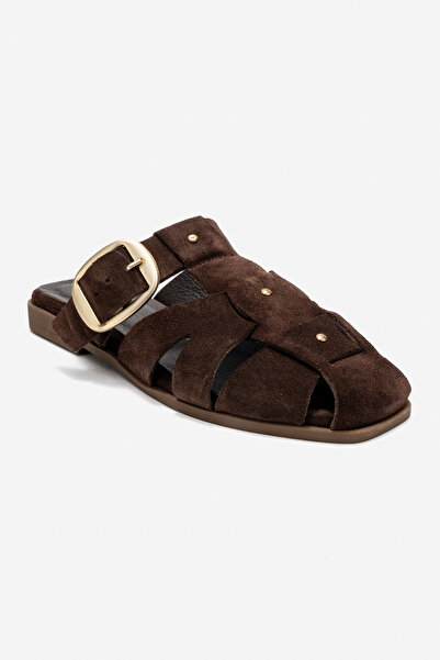 PASSAGE SHOES Дамски чехли от естествена кожа с детайли с катарами 6374 КАФЯВ...