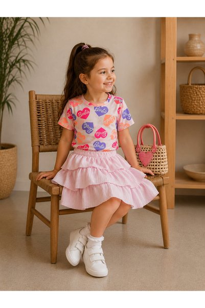 BAHNUR Girl's Baby Printed Heart Patterned T-Shirt and Layered Ruffled Pink Skirt Set Summer Two-Piece Combination