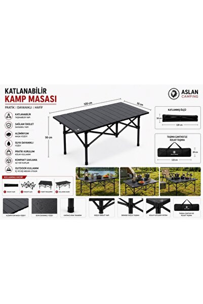 AslanCamping 120x55x50 cm Katlanır Kamp ve Piknik Masası – Hafif, Dayanıklı v...