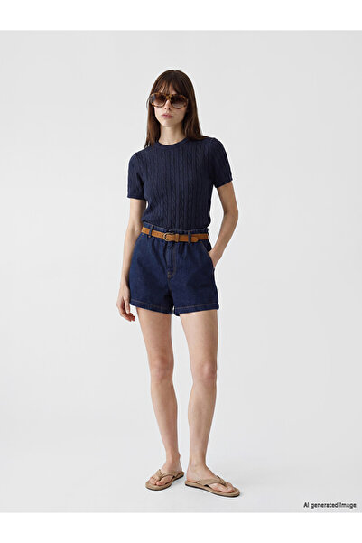 LC Waikiki Indigo High Waist Belted Women's Jean Shorts