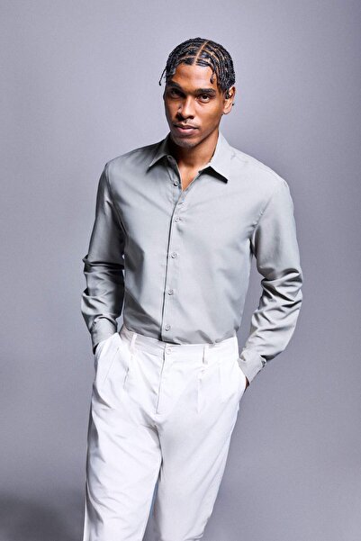 DeFacto Standard Fit Linen Long Sleeve Gray Shirt H0333Ax26Sm