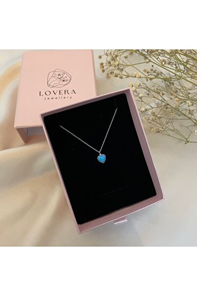 Lovera Jewellery 925 Ayar Gümüş Sertifikalı Mavi Opal Taşlı Kalp Kolye