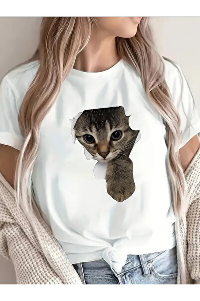 STITCHLY تي شيرت نسائي بأكمام قصيرة بتصميم قطة ثلاثية الأبعاد، مناسب للمناسبا...