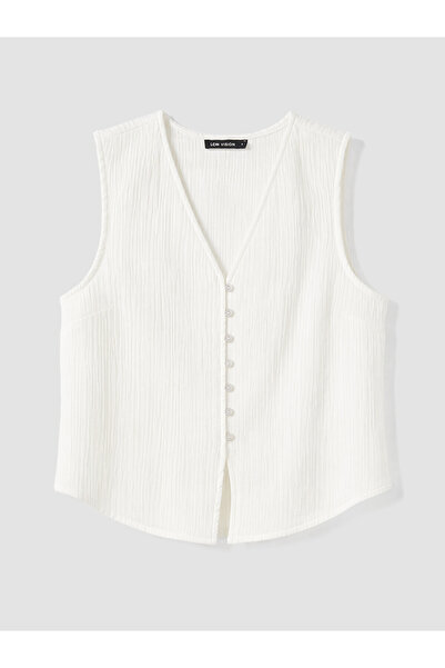 LC Waikiki Peak New Season V-Neck Buttoned Textured Muslin Blouse