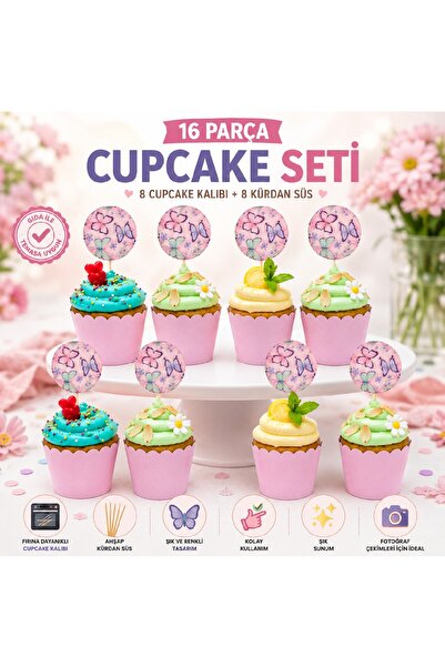 Bkmc Kelebek Cupcake Süsü ve Cupcake Kalıbı Seti 8+8 Parça | Doğum Günü, Baby...