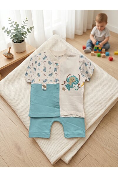 INFANT Set bebe băieți tricou cu maimuță și pantaloni scurți