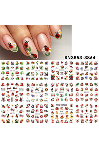 Choice ملصقات أظافر مائية BN3853-3864 بـ 12 تصميمًا: دعسوقة، حشرة، ديزي، فطر،...
