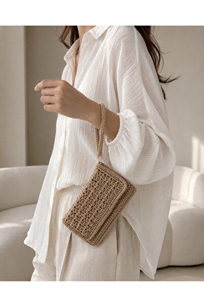 Bej Renk El Örgüsü Clutch Çanta