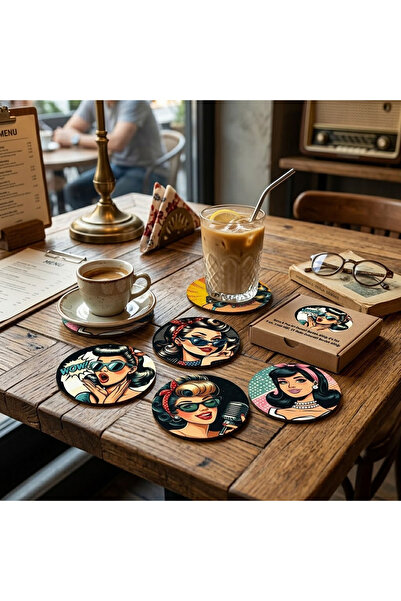 samsunlazer Retro & Pop Art Patterned Coasters Set of 6 - 9 cm Uv Printed Woo...