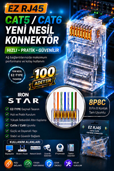 IRONSTAR 100 adet EZ RJ45 jak Cat6 / EZ RJ45 Jack Cat5e Cat6 / Delikli RJ45 K...
