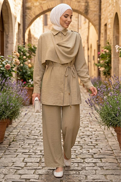 TOFİSA Double Suit with Scarf Detail on the Front, Khaki - 28506-Khaki