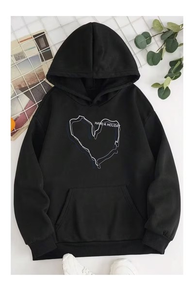ZİYMO Women's Hooded Printed Relaxed Fit Sweatshirt