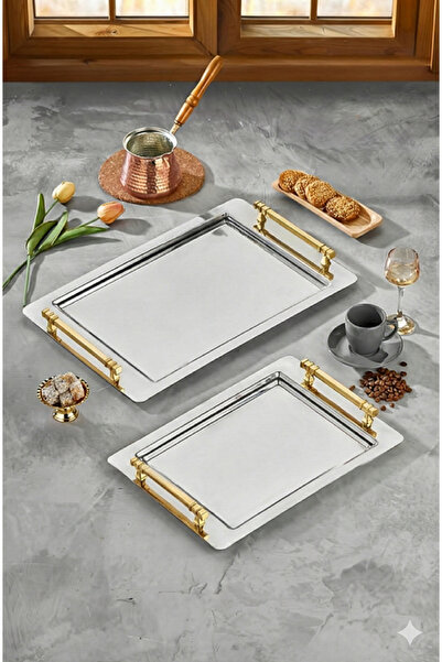 Cosiness Steel 2-Piece Serving Tray Set - Gold Handle
