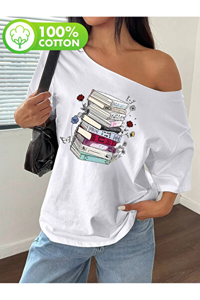 OVER HEAD Γυναικεία μπλουζάκια με στάμπα Floral Books, με λαιμόκοψη Kayak, με...