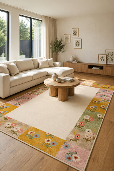 PINKIE HOME Dijital Baskı Kaymaz Yıkanabilir Çiçekli Soft Pembe Salon Halısı ...