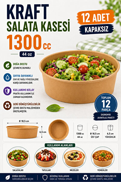 OPTİMEX 1300 cc Kraft Salata Kasesi 12 Adet Kapaksız | Derin Kraft Kase | Tek...