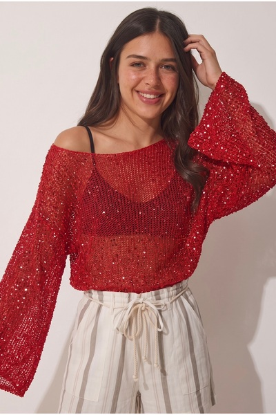 TLG TLG GİYİM Women's Boat Neck Casual Sleeveless Draped Sequin Crop Blouse