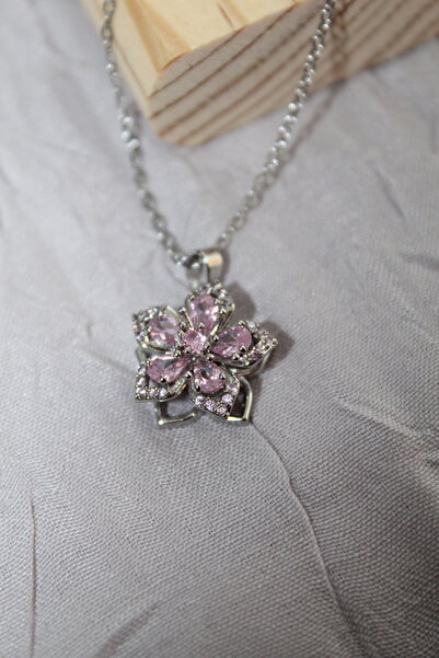 Kudi Oyuncak Flower Model Silver Color Flower Rotating Pink Stone Kolyel