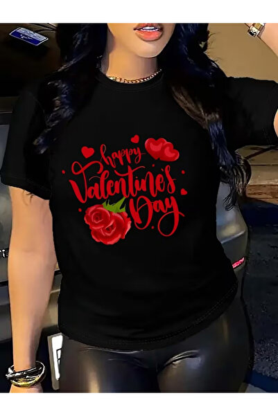 23 nisan Black Red Rose Heart Print Women's Short Sleeve T-Shirt, Soft Comfor...