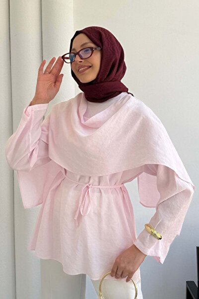 Modaensarbutik Omuz Pelerinli Hakim Yaka Modal Dokulu Tunik-PEMBE