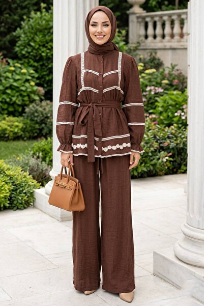 Neva Style Linen Brown Lace Detailed Hijab Double Set 95722Kh